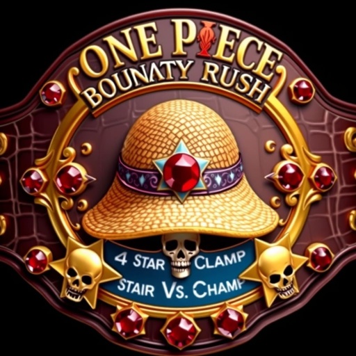 A luxurious wrestling belt, alligator skin texture, gold detailing. Centered straw hat from “One Piece,” adorned with “One Piece Bounty Rush” lettering above. Below, “4 Star VS Champ iFeedYouLead” elegantly presented. Star-shaped plates, multicolor hues, surrounded by ruby gemstones. Realistic art style, featuring intricate skull crests and bold champion symbols.