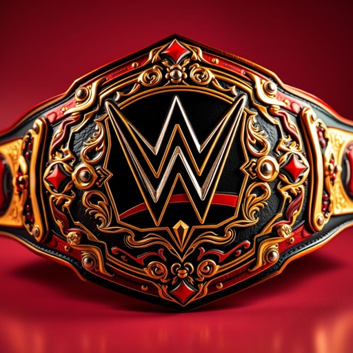 A stunning wrestling belt, prestigious and powerful, inspired by Nismo design. Gleaming in vibrant red, deep black, and radiant gold. Intricate leather patterns, echoing a champion's spirit. Central plate emblazoned with MFFC, reminiscent of the legendary WWE logo. Surrounded by lavish filigree, bold glossy accents creating a striking statement of victory.