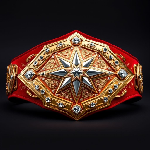 A grand wrestling belt, crafted from rich suede, features a vibrant red strap. The luxury gold plate, diamond-shaped, showcases intricate designs, sparkling with diamond gemstones. This surrealist masterpiece embodies a star champion motif, blending elegance with boldness. The oversized belt glimmers, capturing the essence of triumph and opulence in every detail.