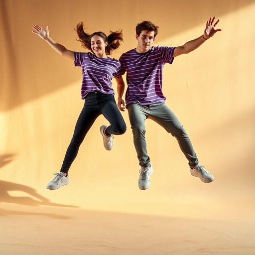 Apparel, full-body editorial fashion photograph of a female and male model mid-jump, wearing relaxed fit purple striped cotton t-shirts paired with Nike Air Force 1 sneakers. Shot in a professional studio with a sandy beige textured background, rim light emphasizing shadows. Ultra-realistic details, crisp textures on fabric and shoes, styled like a high-fashion campaign. Photographed with a Canon EOS R5 and a 50mm lens, delivering depth, clarity, photorealism. --ar 4:5 --v 7 --q 2.