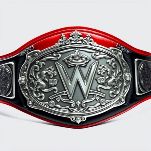 A championship wrestling belt, crafted from luxurious black leather. Striking red strap accentuates the bold, oval-shaped silver plate. Intricate detailing showcases ornate crown crests and dynamic symbols, representing victory and resilience. Realistic art style captures the texture of the leather and gleam of the plate, embodying power and prestige.