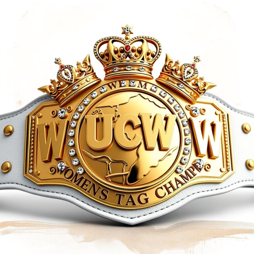 A striking wrestling belt displays "UCW WOMENS TAG TEAM CHAMPION" in bold lettering. Two ornate crowns rest atop, flanking two intertwined hearts. A polished globe centralizes the design. The white leather strap contrasts against a large, circular gold plate, adorned with diamond gemstones. Abstract art elements enhance the luxurious and celebratory aesthetic.
