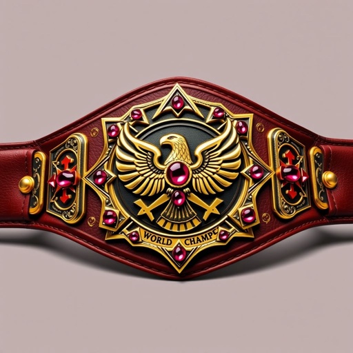 A mesmerizing wrestling belt, showcasing the CCW WORLD CHAMPIONSHIP title. Luxurious leather strap in rich brown, vintage plate design gleaming with gold. Star-shaped plate adorned with an intricate eagle champion emblem, embellished with ruby gemstones. Cross crests and symbols elegantly detailed, all rendered in vibrant Pop Art style, capturing bold contrasts and playful energy.