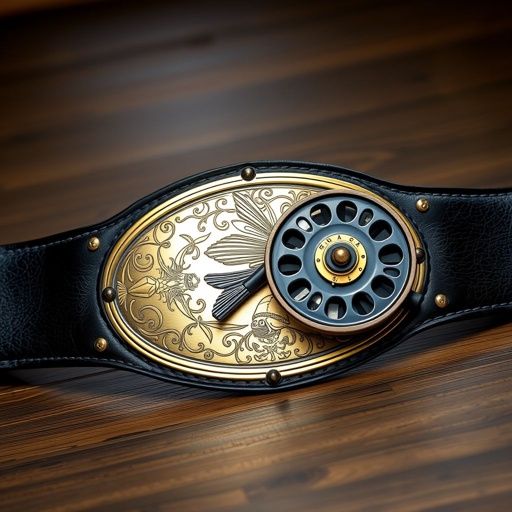 An intricately designed wrestling belt featuring a bold, edgy plate design, adorned with intricate engravings. The oval gold plate gleams under soft light, contrasting with the deep black strap made of supple leather. An artistic representation of a fly fishing reel sits prominently, blending sport and artistry in realistic detail.