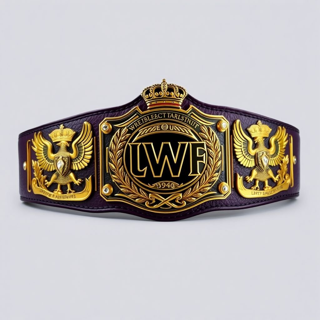 A vintage UWF World Heavyweight Championship wrestling belt. Dark purple leather strap, luxurious texture. Elaborate darker gold plates, each side adorned with eagle and laurel motifs. Main plate entirely gold, seamless finish. Intricate shapes, gleaming finish. Crown crests and symbols, diamond gemstones twinkling. Grand and imposing, embodying strength and prestige.