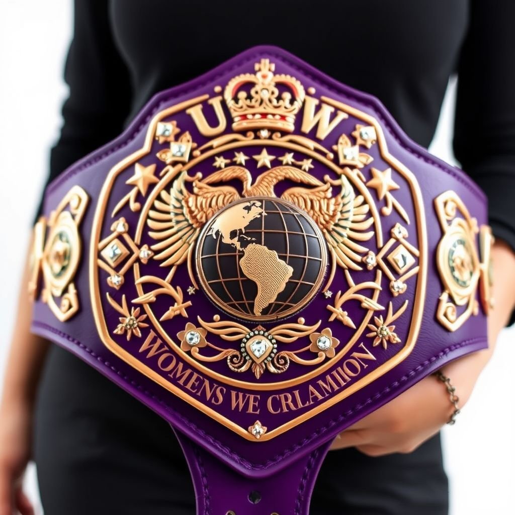 A prestigious wrestling belt showcasing the title UCW WOMENS WORLD CHAMPION. A rich purple leather strap, pentagon-shaped, adorned with ornate rose gold engravings. A central globe motif surrounded by a majestic phoenix and twinkling stars. Heart designs framed by diamond gemstones. Crowns and symbols elevate the abstract art, radiating power and elegance.