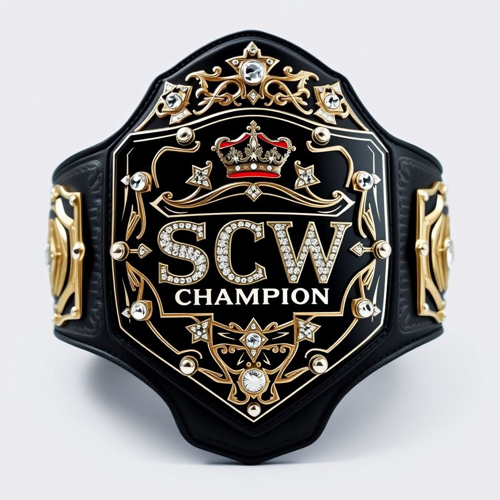 A majestic wrestling belt, embodying the SCW Champion title. Luxurious leather material with a striking black strap. A bold shield plate shape showcases a gleaming black finish, adorned with intricate designs. Sparkling crystal gemstones embellish the text "Champion." Grand size with regal crown crests and symbols, epitomizing excellence in the wrestling realm.