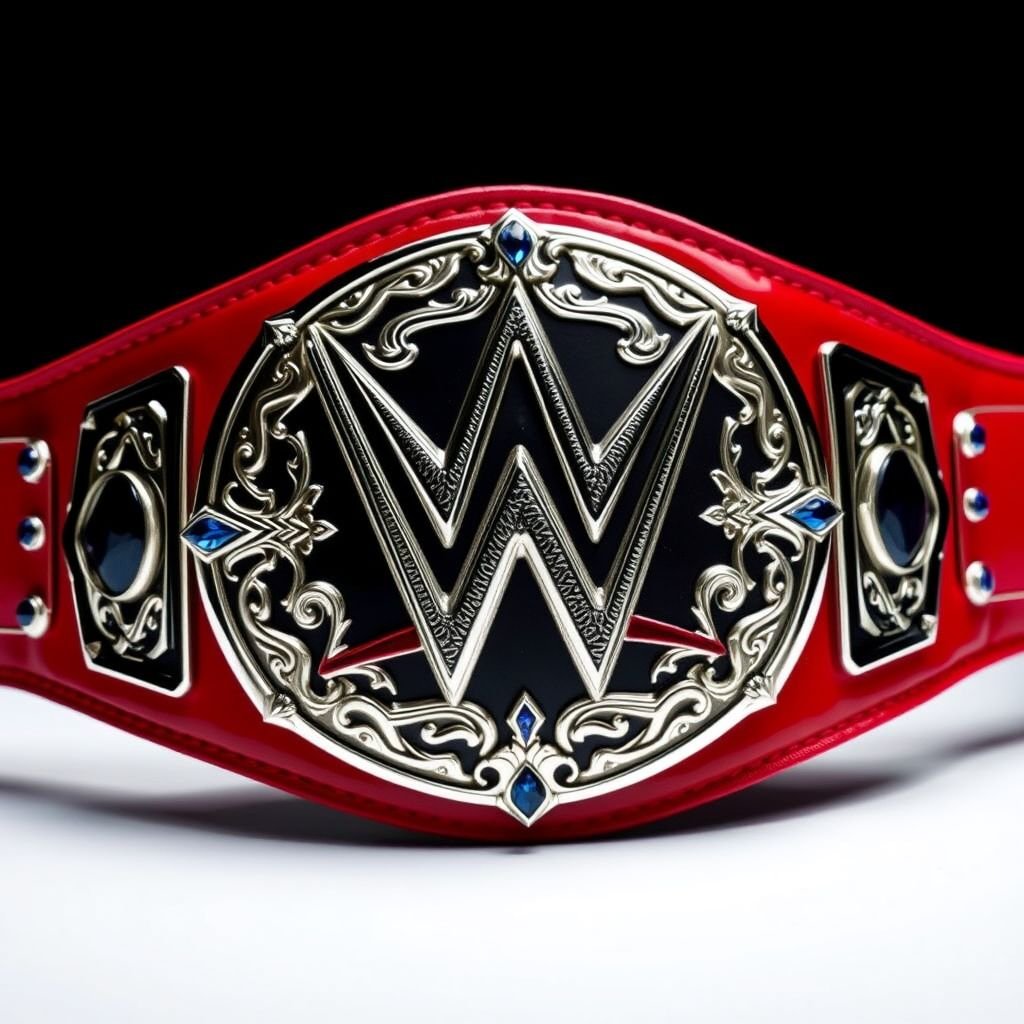 A striking wrestling belt, inspired by WWE Light Heavyweight championship glory. Luxurious leather material, vibrant red strap color. Oval plate shape gleams in silver, adorned with intricate gothic art motifs. Dazzling sapphire gemstones embedded in ornate patterns. Oversized design, commanding attention, embodying strength, power, and timeless elegance in the wrestling arena.