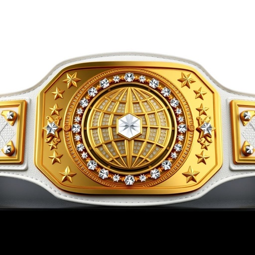 A prestigious wrestling belt, RTR Outercontinental Champion. Luxurious leather strap in pristine white, adorned with a modern rectangular gold plate. Intricate globe champion design centered, sparkling crystal gemstones enhancing its allure. Bold star crests and symbols accentuate the edges, exuding grandeur. Large size, embodying strength and excellence in a realistic art style.