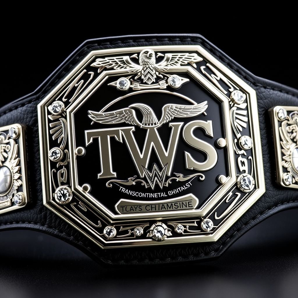 A striking wrestling belt, the TWS Transcontinental Championship, showcases a robust leather material. An edgy plate design in gleaming silver, octagonal in shape, catches the eye. The black strap enhances the boldness, adorned with intricate eagle crests and champion globe motifs, accentuated by sparkling diamond gemstones, radiating prestige and power.