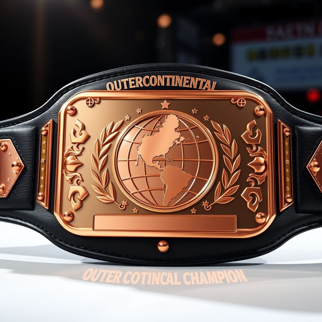 A striking wrestling belt labeled "RTR Outercontinental Champion." Crafted from supple black leather, featuring a rectangular rose gold plate. The plate showcases a detailed globe champion design, gleaming under bright lights. The belt's extra-large size commands attention, exuding an aura of prestige. Classic elegance meets modern aesthetics in realistic art style. 