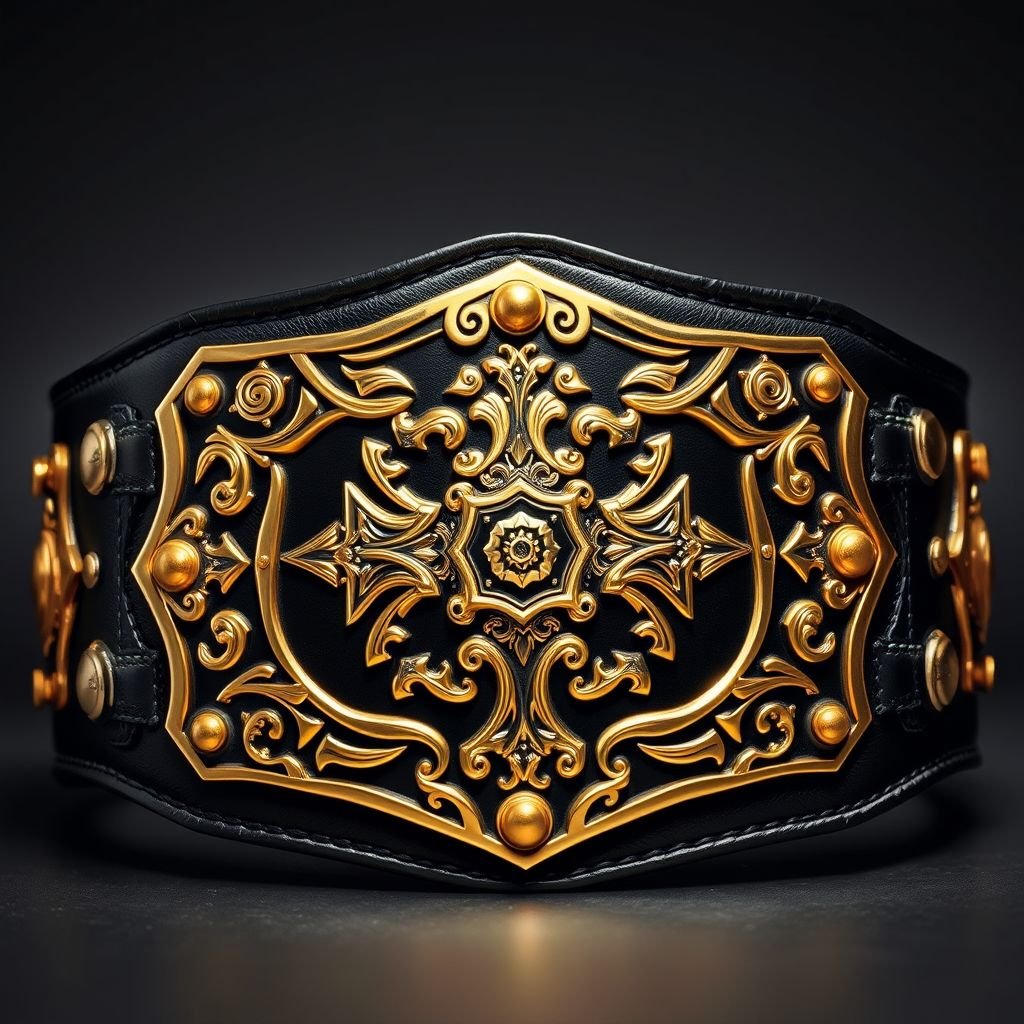 A wrestling belt, exuding an aura of toughness, crafted from rich black leather. A striking gold plate gleams, featuring intricate, aggressive designs. Cross crests and unique symbols adorn the edges, showcasing a fierce champion's honor. The belt’s matte texture contrasts with the brilliant shine, encapsulating the spirit of deathmatch glory.