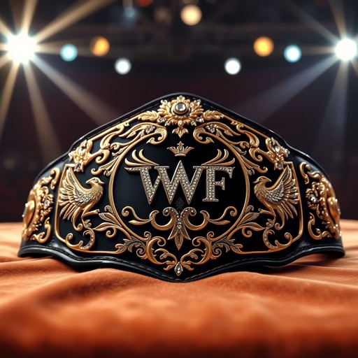 A grand wrestling belt resting upon a velvet display. The VWF Paramount championship gleaming beneath bright lights. Black metal center plate adorned with ornate gold and white engravings, showcasing intricate designs. A luxurious leather strap contrasts with deep black. Diamond gemstones twinkle like stars. Phoenix crests symbolizing rebirth and victory.
