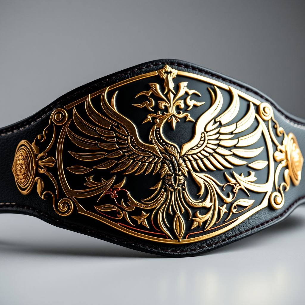 A light heavyweight championship belt featuring a rich black leather strap. Classic plate design, elegant, intricate shapes adorned with shimmering gold. Abstract art style embellishes the surface, with stylized phoenix crests rising majestically, symbolizing strength and rebirth. Bold lines, vivid contrasts create a striking visual, embodying the essence of victory.