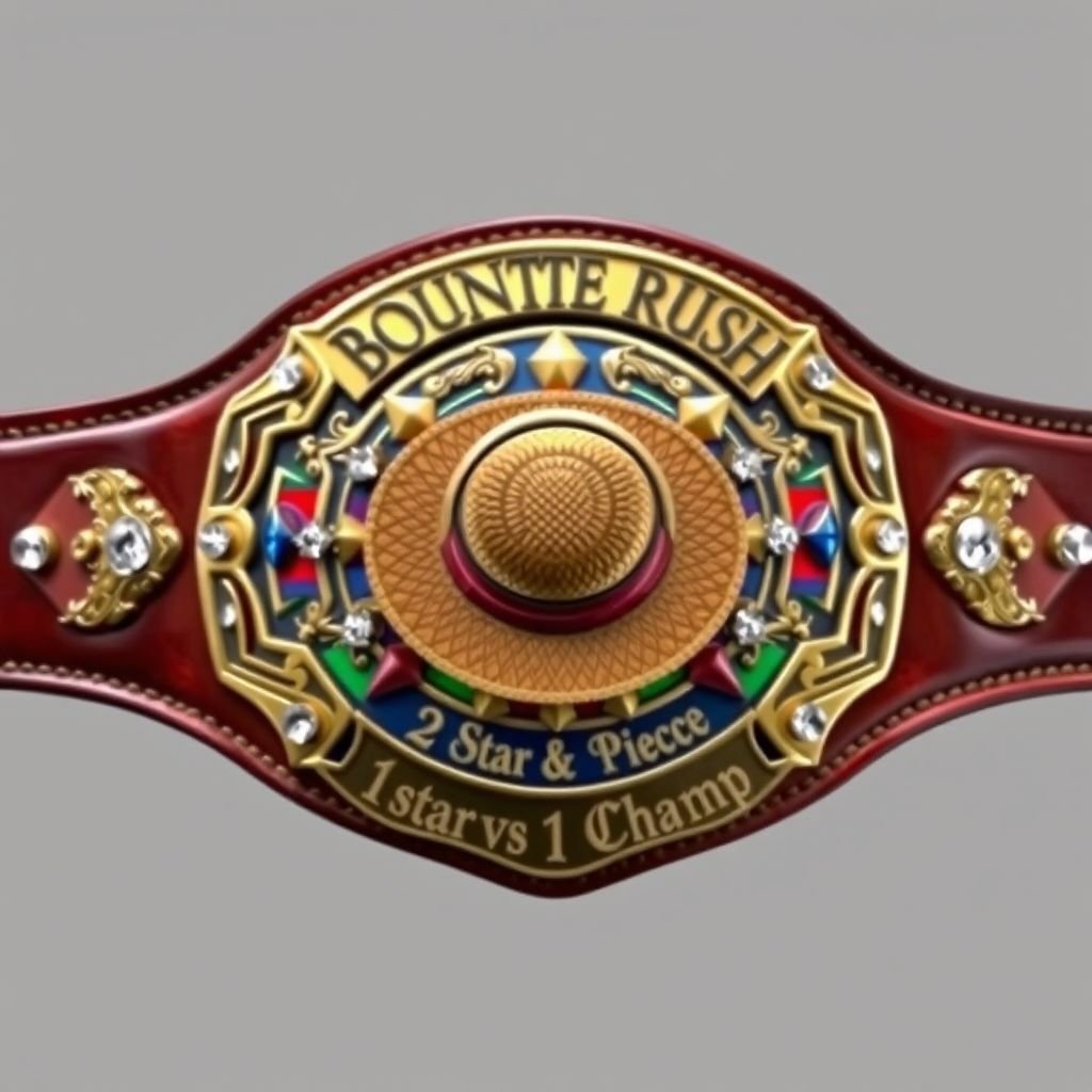 A majestic wrestling belt, gleaming leather strap in rich brown, encircling a bold shield plate. The centerpiece, a Straw Hat from "One Piece," surrounded by vibrant colors. Above the hat, "One Piece Bounty Rush" elegantly engraved. Below, "2 Star 1 vs 1 Champ," adorned with sparkling rhinestone gemstones, star crests, and intricate symbols.