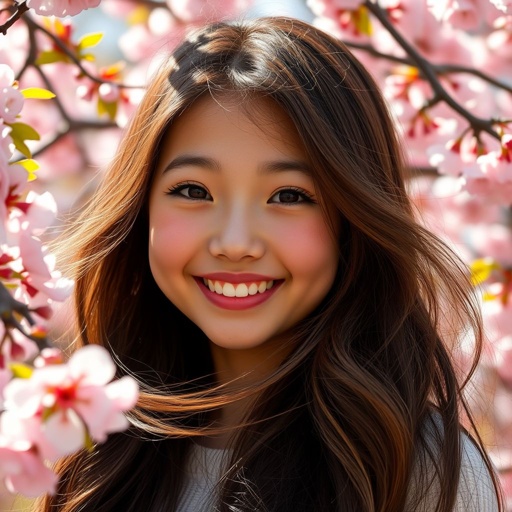 A joyful Asian girl, long brown hair cascading down her back, framed by soft waves. Almond-shaped hazel eyes sparkle with warmth and enthusiasm. Her radiant smile reveals a sense of adventure, surrounded by vibrant cherry blossoms. A gentle breeze plays with her hair, creating a serene yet lively atmosphere. Bright sunlight highlights her features.