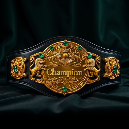 A gleaming wrestling belt rests against a dark velvet backdrop. Luxurious black leather contrasts with a radiant gold circular plate, intricately engraved with majestic lion crests. Text reading "Champion" shines prominently. Emerald gemstones accentuate the design, twinkling like stars. Exquisite details highlight the modern aesthetic, embodying strength and prestige in vivid realism.