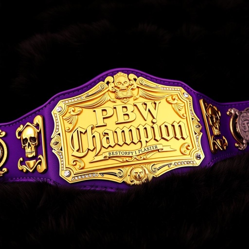 A grand wrestling belt, the PBW CHAMPIONSHIP, drapes elegantly across a plush, dark surface. A rich purple strap hugs a vintage, rectangular gold plate, intricately designed. Bold "Champion" text embossed, flanked by sparkling diamond gemstones. Skull crests and fierce symbols adorn the edges, exuding power and prestige, impressively oversized.