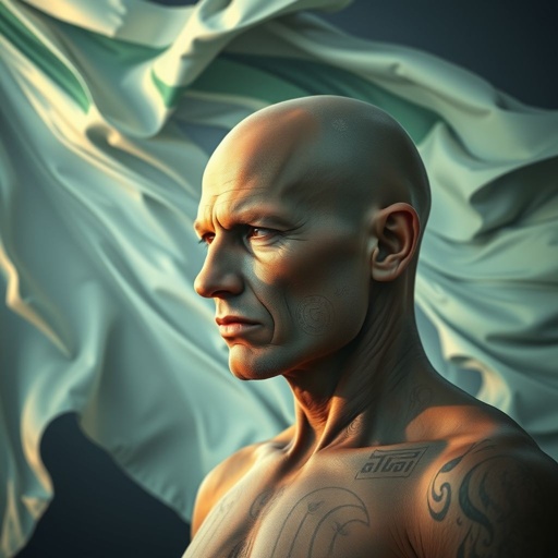Abstract artwork featuring a white and green flag billowing against a backdrop of swirling forms. A bald man with ethereal features and ancient symbols etched into his skin gazes thoughtfully. Soft dawn lighting casts gentle shadows, enhancing smooth textures. A harmonious tetradic color palette creates depth, framed by golden ratio composition and aerial perspective.