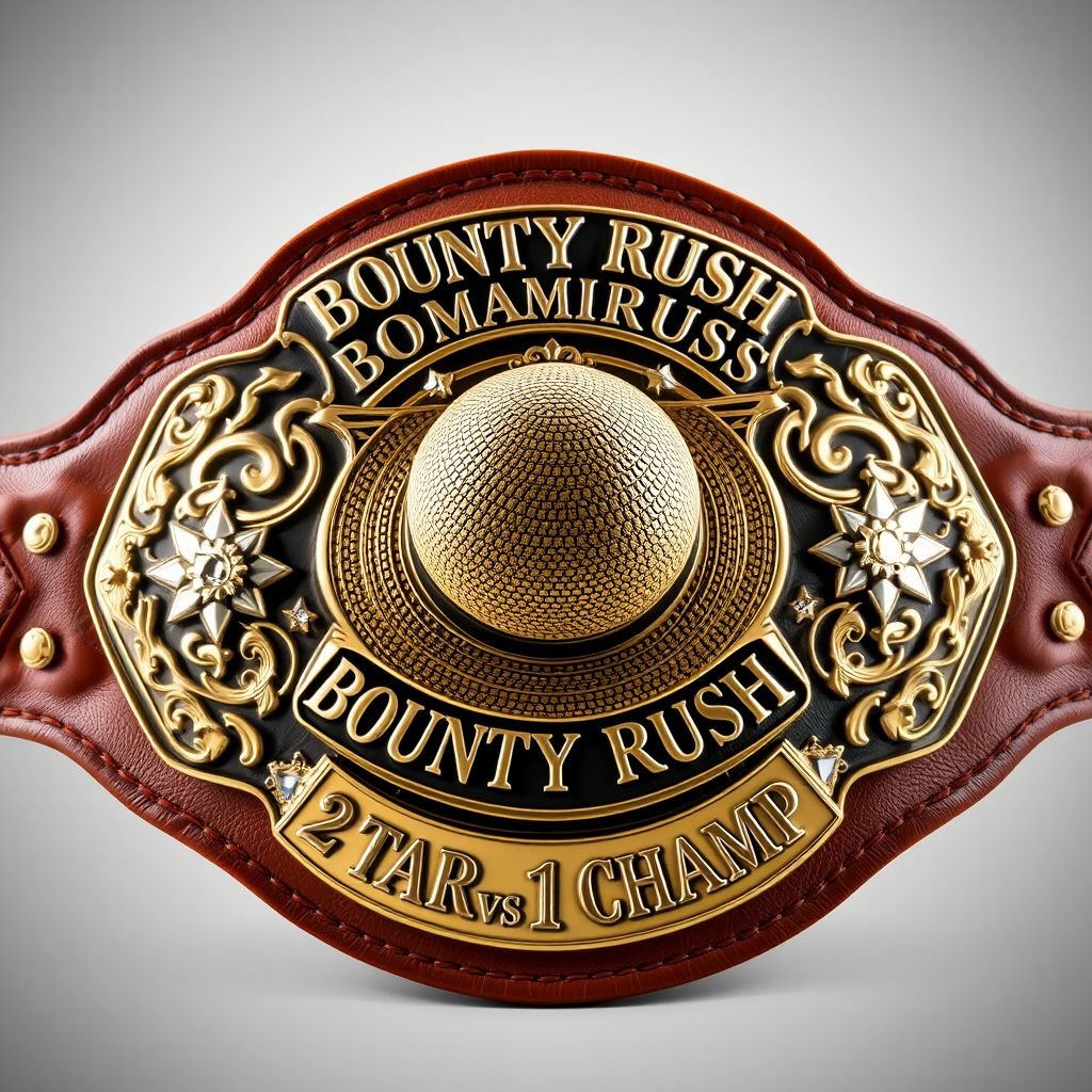 A magnificent wrestling belt, crafted from rich leather, displaying a striking brown strap. At its center, the iconic straw hat from “One Piece” gleams. Above, the inscription “One Piece Bounty Rush” elegantly curves, while below, “2 Star 1 vs 1 Champ” showcases bold typography. Stunning bronze shield plate, intricately engraved details, adorned with radiant rhinestone gemstones, large star crests, and symbols elevate the championship design. Realistic art style brings life to this impressive piece.