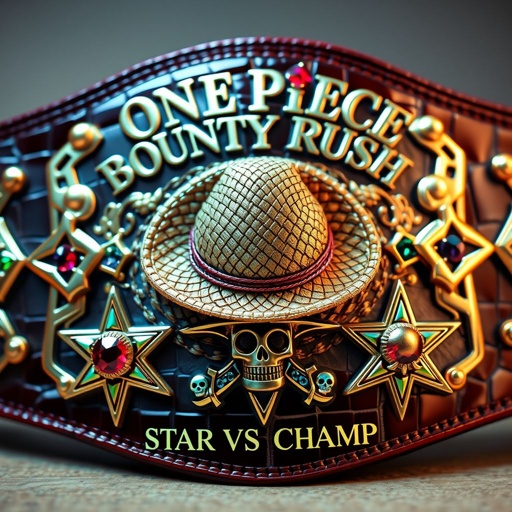 A luxurious wrestling belt crafted from alligator skin, shining gold accents. Centered, a straw hat from “One Piece” glistens. Above, elegant lettering reads “One Piece Bounty Rush.” Beneath, “4 Star VS Champ iFeedYouLead” in bold. Star-shaped plates featuring multicolor gemstone designs, embedded ruby gemstones glimmer amidst an intricate champion motif with skull crests.