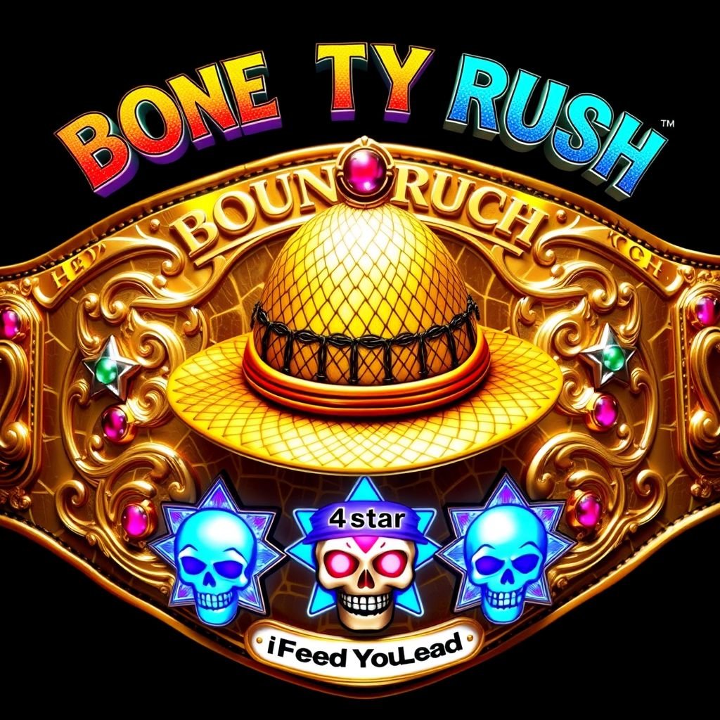 A luxurious alligator skin wrestling belt, gleaming in rich gold, features a striking straw hat inspired by “One Piece” at its center. Above, vibrant text reads “One Piece Bounty Rush,” while below, “4 Star VS Champ iFeedYouLead” showcases intricate lettering. Star-shaped plates glimmer with multicolored hues, adorned with ruby gemstones. Realistic art style highlights detailed skull crests and symbols, emphasizing champion prestige. A large, commanding presence, perfect for any rare collector.