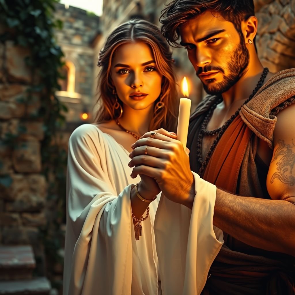 A close-up of entwined hands, glistening under soft candlelight. A girl in flowing white robes, adorned with delicate gold jewelry. A guy in rustic tunics, intense gaze filled with longing. Surroundings of ancient Roman architecture, ivy cascading down stone walls. Warm golden hues, capturing a timeless moment of passion and intimacy.