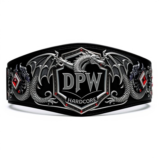 An imposing wrestling belt features an extreme dragon motif, adorned with the DPW Hardcore logo. The belt boasts a striking gothic art style, showcasing intricate details. A pentagon-shaped silver plate gleams against a black strap, embellished with ruby gemstones, exuding an edgy allure. Adult size, perfect for champions of the ring.