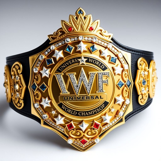 A magnificent wrestling belt, the VWF Universal World Championship, adorned with a grand gold plate, intricate shape, and stunning multicolor gemstones—blue, red, white, yellow. A classic design, featuring a field of white stars on the upper plate, six side plates, luxurious black leather strap, and dazzling diamond gemstones. Star crests and wrestler symbols embellish the masterpiece.