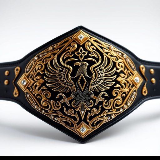 Luxurious wrestling belt, gleaming black leather strap, adorned with a diamond-shaped plate, opulent gold finish glinting in the light. Abstract art patterns swirl across the surface, intricate eagle crests and symbols embossed, sparkling diamond gemstones embedded, exuding a sense of triumph, elegance, and championship spirit, truly a masterpiece of design.