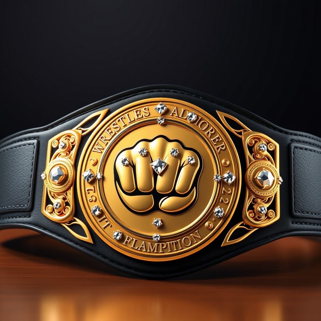 A wrestling belt, RTR Champion edition. Premium leather, smooth black strap. Engraved circular plate, gleaming gold finish. Fist champion design, adorned with sparkling diamond gemstones. Extra-large size, bold and commanding presence. No crests or symbols, minimalist elegance. Anime art style, vibrant and dynamic. A symbol of victory and strength.
