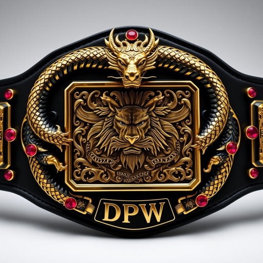 A luxurious wrestling belt, featuring a gold and black dragon coiling around the central rectangular engraved plate. A black backdrop accentuates intricate gothic art, portraying a fierce lion champion. Ruby gemstones glint along the edges, adding elegance. DPW text boldly displayed, the metal belt material gleams, exuding strength and prestige.