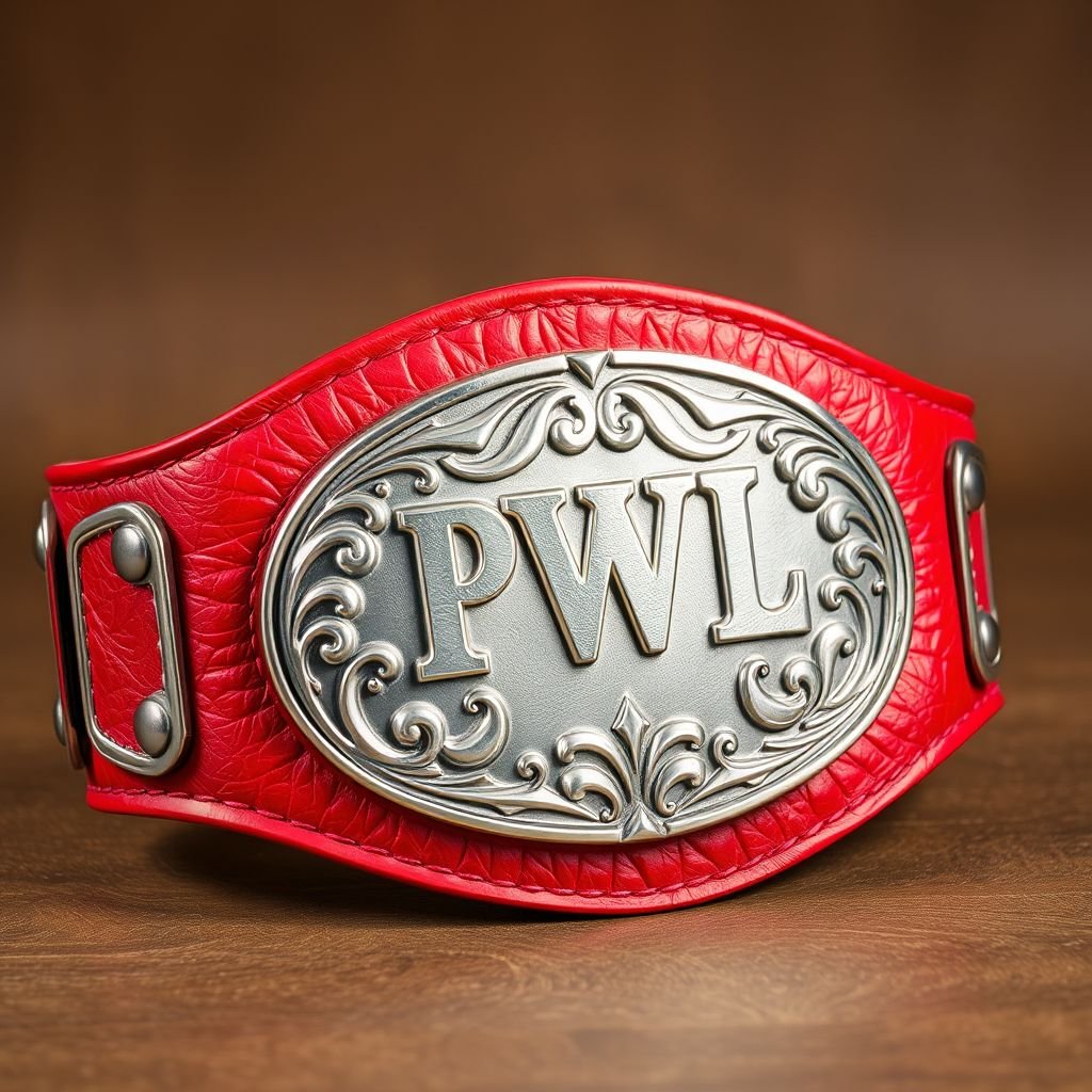 A vintage PWL World Light Heavyweight wrestling belt, leather texture emphasizing its soft yet durable quality. A vibrant red strap contrasts beautifully with an oval silver plate, intricately designed with swirling patterns and playful cartoonish elements. Bold lettering adorns the plate, evoking a sense of nostalgia and excitement within the wrestling world.
