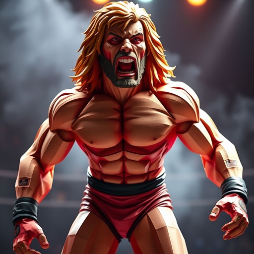 Lifesize papercraft sculpture of Owen James Hart, renowned wrestler. Exquisite realism, vibrant colors illuminating intense expressions. Intricate folds and textures showcase dedication, passion, and skill. Dynamic pose reflecting legendary athleticism, surrounded by a dramatic backdrop that amplifies energy. Engaging details, from fabric patterns to muscular definition, embodying the spirit of wrestling.