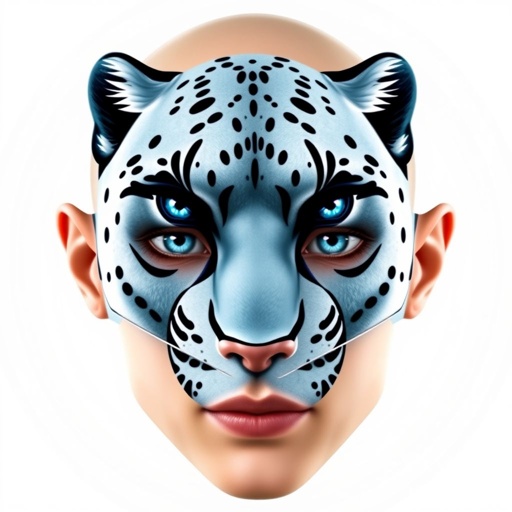 A masked face adorned with a striking snow panther design, piercing blue eyes gleaming, rounded eye shape emphasizing intensity. A Greek nose type accentuates the features. Neutral mouth expression, small ears framing the visage. Light skin tone contrasts with bold black hair, styled bald. A unique foldable mask rests elegantly. 