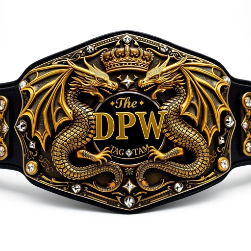 A highly detailed wrestling belt featuring two fierce dragons intertwined, symbolizing strength and unity. TheDPW Tag Team logo prominently displayed. Metal belt material with an edgy plate design highlighted in rich gold. A black strap adds contrast. Intricate gothic art style embellishes the surface, adorned with shimmering diamond gemstones, crown crests, and mystical symbols. Adult size, prestigious and commanding presence.