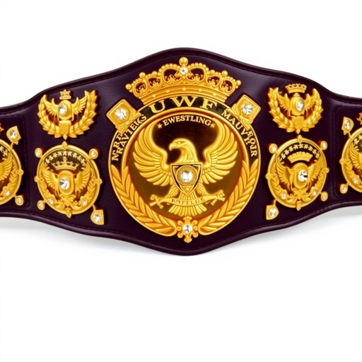 A wrestling belt, UWF World Heavyweight Championship, featuring a dark purple leather strap. Four ornate side plates complement a grand main plate, all in a rich gold hue. Intricate eagle and laurel motifs adorn the plates, sparkling diamond gemstones embedded. Crown crests and symbols complete the vintage, regal design, evoking strength and honor.