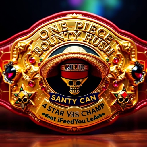 A luxurious wrestling belt, crafted from alligator skin, gleaming in shades of gold. At the center, a straw hat symbolizing “One Piece.” Above, bold letters proclaim "One Piece Bounty Rush." Below, “4 Star VS Champ iFeedYouLead.” Star-shaped plates adorned in vibrant colors, embellished with ruby gemstones and intricate skull crests.