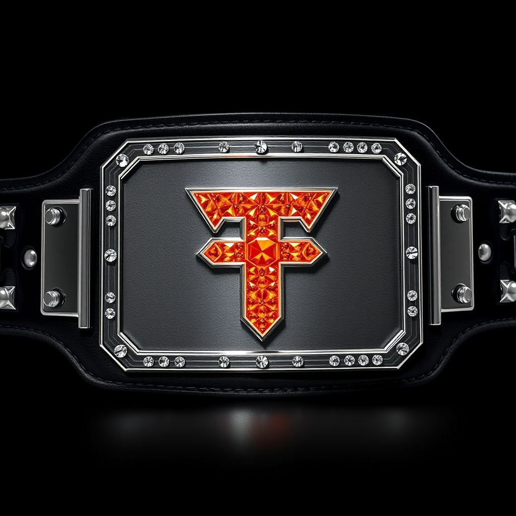 A wrestling belt featuring a central rectangular plate, engraved checkerboard patterns, glimmering under lights. A vibrant orange Power T logo made of radiant, shiny diamonds holds a sleek silver border, contrasting against polished black plates stacked for depth. A sturdy black strap adds elegance, all within a dynamic cubist art style.