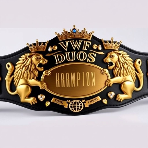 A luxurious wrestling belt featuring the VWF Duos Championship. Dual, intricate lion motifs in bronze and gold, regal crowns adorning their heads. A large, engraved bronze center plate with an oval shape. Black leather strap, smooth texture. Crystal gemstones glistening, adding elegance. A globe champion design, symbolizing worldwide prowess.
