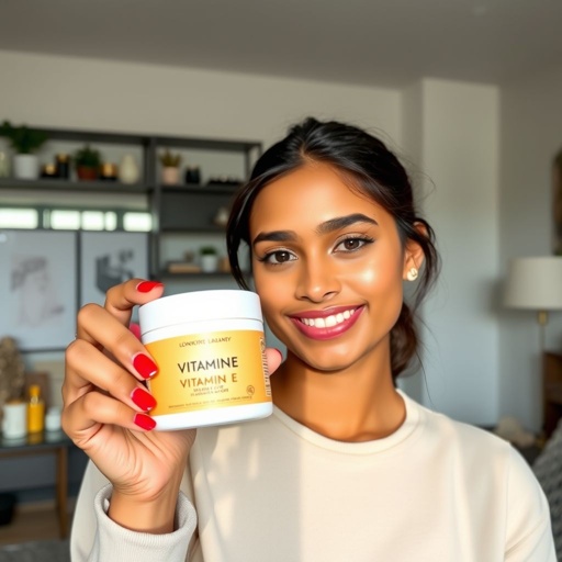 Vibrant influencer showcasing vitamin E cream, confident gaze sparkling with charisma. Casual attire, trendy yet relaxed. Modern home backdrop, soft lighting highlighting beauty products. Indian ethnicity evident in warm skin tones. Playful caption floating above. Surroundings include chic decor, filled with skincare essentials. Engaging story snippets visible, enticing viewers’ interest.