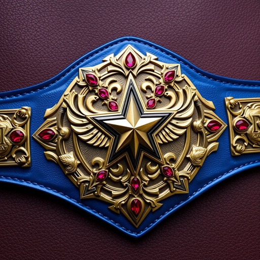 Majestic wrestling belt, rich leather texture, lustrous blue strap, intricately sculpted star-shaped plate, brilliant bronze finish, captivating star champion emblem, adorned with radiant ruby gemstones, grand dimensions, striking eagle crests, ornate symbols, realistic artistry, elegance merged with strength, a true symbol of triumph, precision craftsmanship, exuding power and prestige.