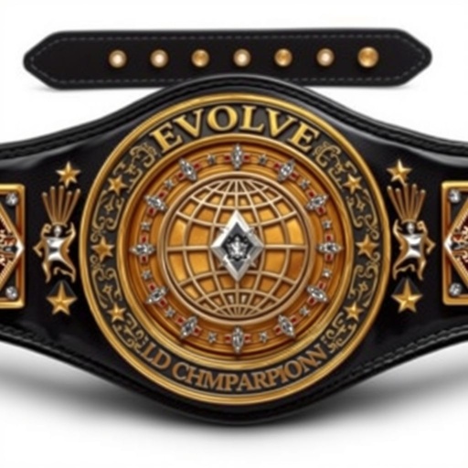 A grand, vintage EVOLVE World Championship wrestling belt, featuring a wide black leather strap. The centerpiece, a circular gold plate, adorned with intricate globe champion design and sparkling diamond gemstones. Star crests and symbolic emblems surround the plate, conveying a sense of prestige and excellence, all in a realistic art style.