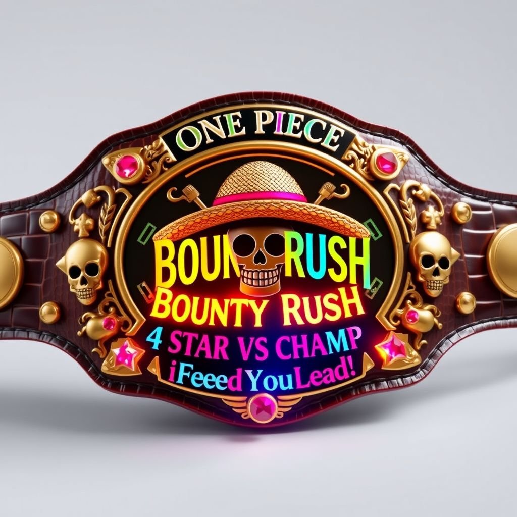 A luxurious wrestling belt, crafted from alligator skin, glimmers with gold accents. In the center, a vibrant straw hat from “One Piece” rests elegantly, surrounded by ornate skull crests and symbols. Above the hat, the bold words “One Piece Bounty Rush” shine, while below, “4 Star VS Champ iFeedYouLead” glows in multicolored glory. Ruby gemstones embellish the star-shaped plates, adding a regal touch to this impressive champion design.