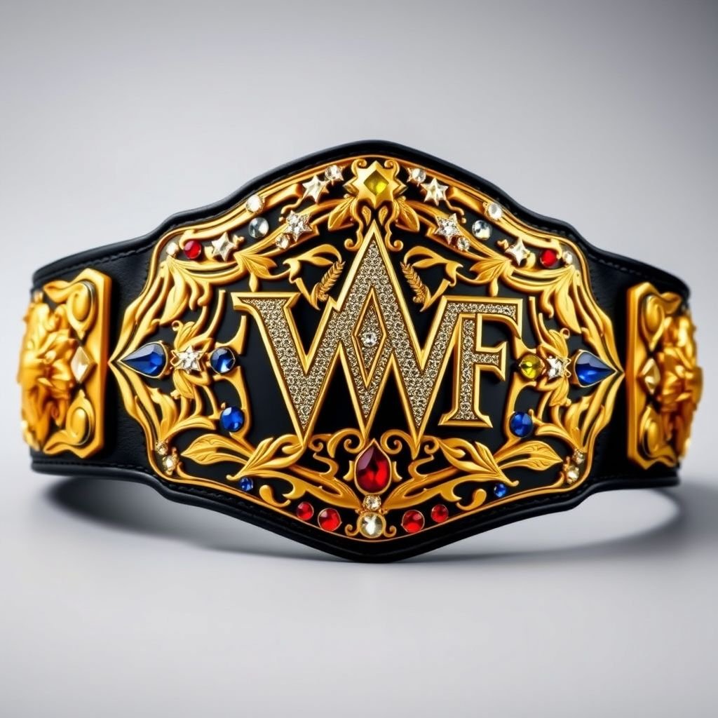A grand wrestling belt, VWF Universal World Championship, gleaming gold finish. Baroque design with intricate patterns, inspired by iconic titles. Abundant multicolored gems—blue, red, white, yellow—sparkle vividly. Luxurious black leather strap, adorned with side plates. Upper section adorned with a field of white stars. Prominent symbols of legendary wrestlers, timeless elegance.