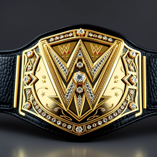 An Ultimate Championship wrestling belt, gleaming with elegance. Richly textured black leather strap, contrasting beautifully. Large, shield-shaped plate at the center, radiant gold finish. Intricate modern design. Adorned with sparkling diamond gemstones, reflecting light. Striking details etched into the plate, showcasing strength and prestige. A symbol of victory and honor.