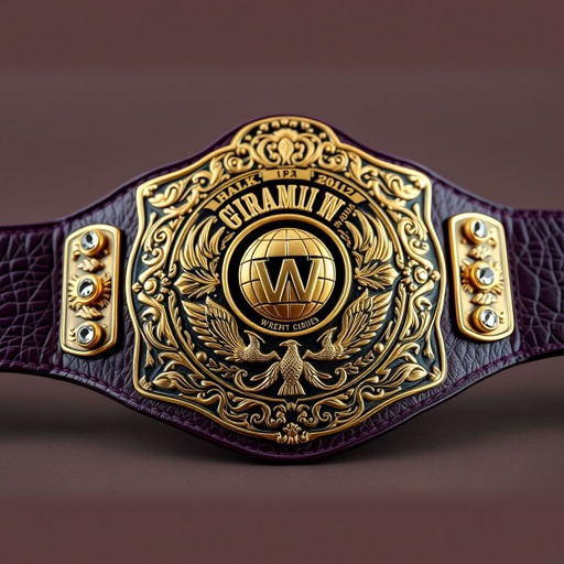 Wrestling belt centerpiece, UWF World Heavyweight Championship. Dark purple leather strap, rich texture. Intricately engraved darker gold main plate, grand size, ornate contours. Four small gold side plates gleaming, symmetrical design. Globe champion motif, flanked by eagle crests and symbols. Diamond gemstones sparkling, luxurious accents, vintage elegance, bold statement of honor.