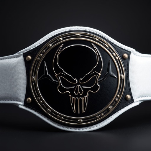 A wrestling belt, resembling a unique masterpiece. Cloth belt material, dominant white strap color. Circular plate shape, featuring a sleek, minimalistic design in deep black. An eye-catching anime art style, showcasing a fierce skull champion design. No gemstones adorn the surface, emphasizing simplicity and boldness, tailored for adult wear, devoid of symbols.