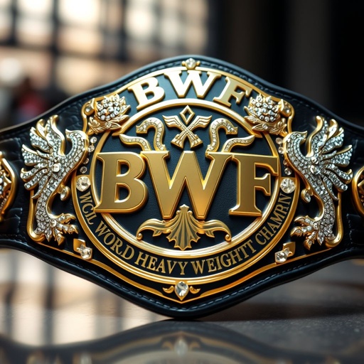 A prestigious wrestling belt featuring "BWF" and "World Heavyweight Champion" embossed in bold, elegant lettering. Luxurious gold plates shimmering with intricate serrated designs, reflecting light. A rich black leather strap, complimenting the grand size. Encrusted with sparkling diamond gemstones, adorned with majestic phoenix crests, symbolizing strength and triumph.