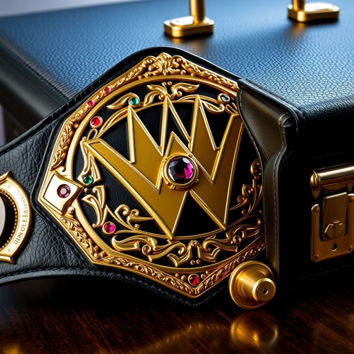 A gleaming championship wrestling belt, adorned with intricate gold plating and vibrant gemstones. Its leather, dark and textured, contrasts with the shiny metal. Next to it, a sleek briefcase, black and polished, showcasing a golden lock. Hints of excitement, ambition, and dreams intertwined, capturing the essence of victory and aspiration.